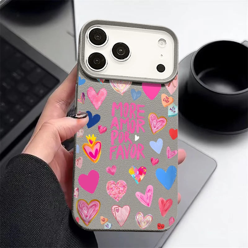 Heart Print Soft Phone Case For iPhone Air 17 16 15 14 Pro Max 13 12 Pro Max 11 17 16e Shockproof Silicone Leather Texture Cover