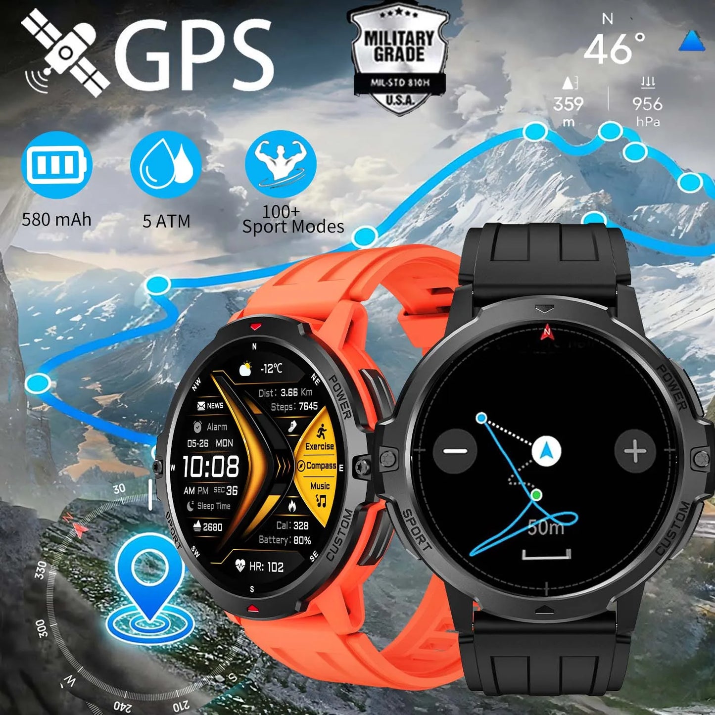 NEW 2025 GPS Smartwatchs 1.46" AMOLED Screen Compass Barometric Altimeter 580mAh Battery 5ATM Outdoor sports Smart Watch For Men