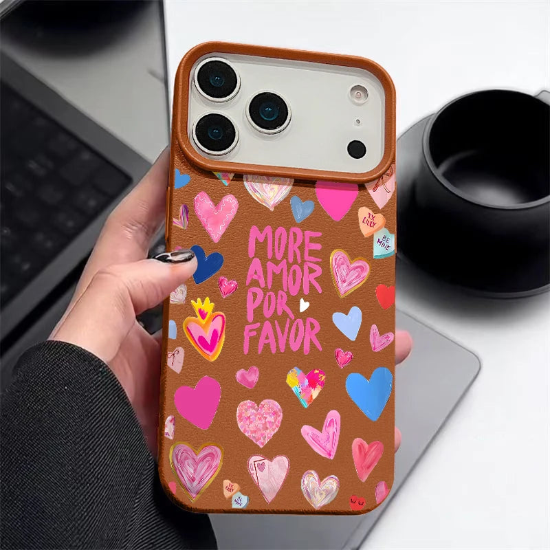 Heart Print Soft Phone Case For iPhone Air 17 16 15 14 Pro Max 13 12 Pro Max 11 17 16e Shockproof Silicone Leather Texture Cover