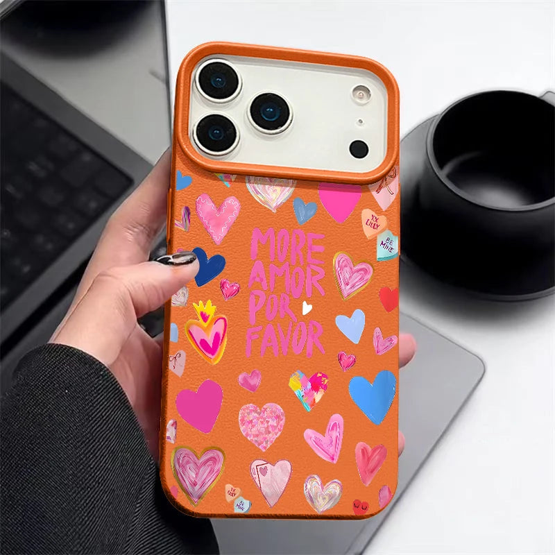 Heart Print Soft Phone Case For iPhone Air 17 16 15 14 Pro Max 13 12 Pro Max 11 17 16e Shockproof Silicone Leather Texture Cover