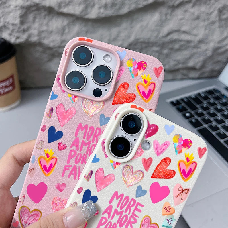 Heart Print Soft Phone Case For iPhone Air 17 16 15 14 Pro Max 13 12 Pro Max 11 17 16e Shockproof Silicone Leather Texture Cover