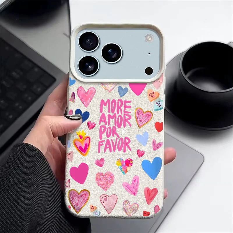 Heart Print Soft Phone Case For iPhone Air 17 16 15 14 Pro Max 13 12 Pro Max 11 17 16e Shockproof Silicone Leather Texture Cover