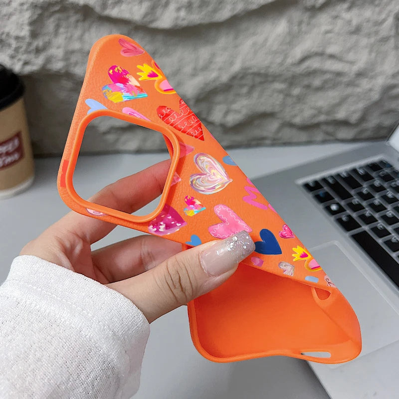 Heart Print Soft Phone Case For iPhone Air 17 16 15 14 Pro Max 13 12 Pro Max 11 17 16e Shockproof Silicone Leather Texture Cover