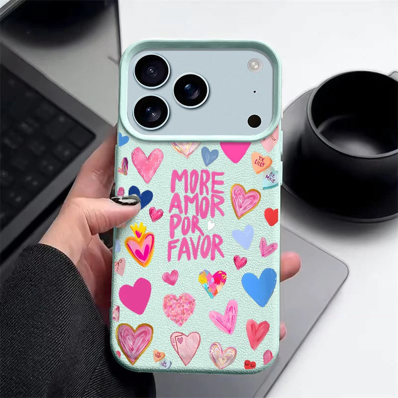 Heart Print Soft Phone Case For iPhone Air 17 16 15 14 Pro Max 13 12 Pro Max 11 17 16e Shockproof Silicone Leather Texture Cover