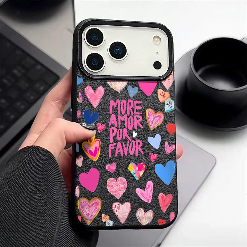 Heart Print Soft Phone Case For iPhone Air 17 16 15 14 Pro Max 13 12 Pro Max 11 17 16e Shockproof Silicone Leather Texture Cover