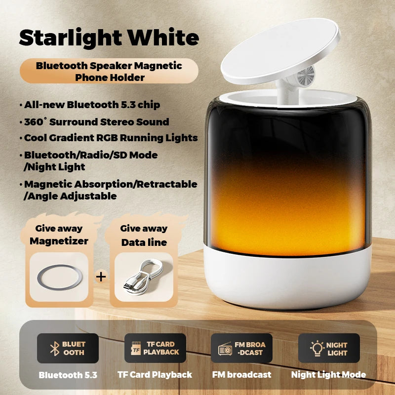 Desktop 4 in 1 Magnetic Phone Holder RGB Rhythmic Lamp Bluetooth 5.3 Speaker Radio 3D Stereoscopic Sound For All Cellphone Mount
