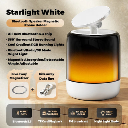 Desktop 4 in 1 Magnetic Phone Holder RGB Rhythmic Lamp Bluetooth 5.3 Speaker Radio 3D Stereoscopic Sound For All Cellphone Mount